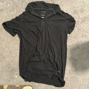 Black, short sleeved, v neck shirt.